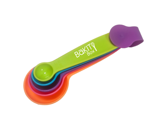Colorful 5-piece plastic measuring spoon set with clip and BāKIT Box logo