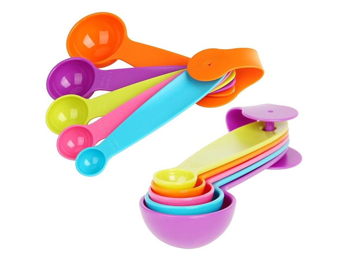 Colorful 5-piece plastic measuring spoon set with clip and BāKIT Box logo
