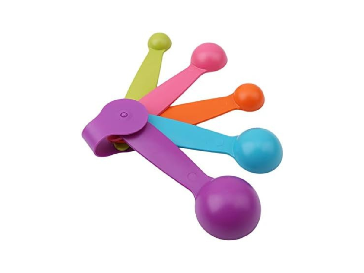 Colorful 5-piece plastic measuring spoon set with clip and BāKIT Box logo